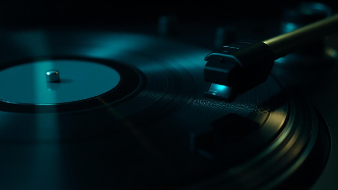 Turntable needle resting on spinning vinyl in a dark room